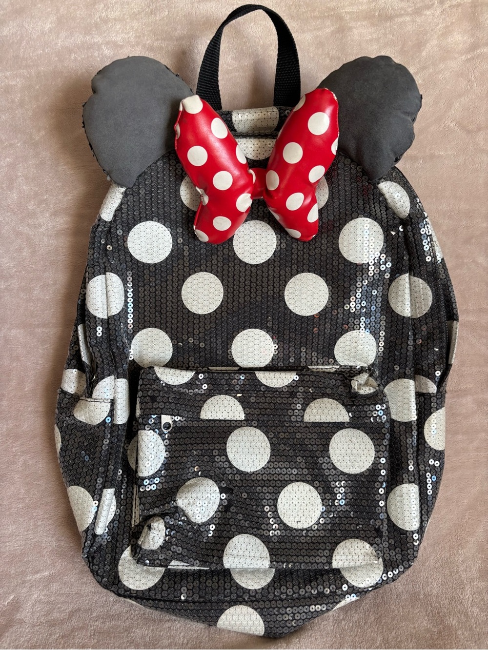 Disney Parks Authentic Black & White Sequin Polka Dot Adult Backpack Red Bow